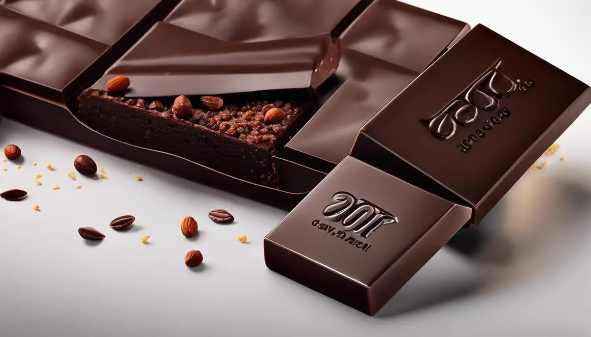 Image of a luxurious square of dark chocolate and a fresh date, representing the delicious combination of chocolate and dates.