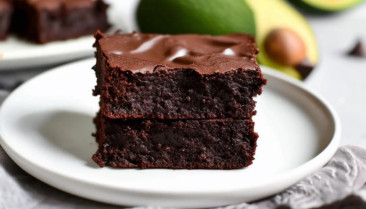 A close-up of a rich, fudgy chocolate avocado brownie on a white plate, showcasing its moist texture and deep chocolate color