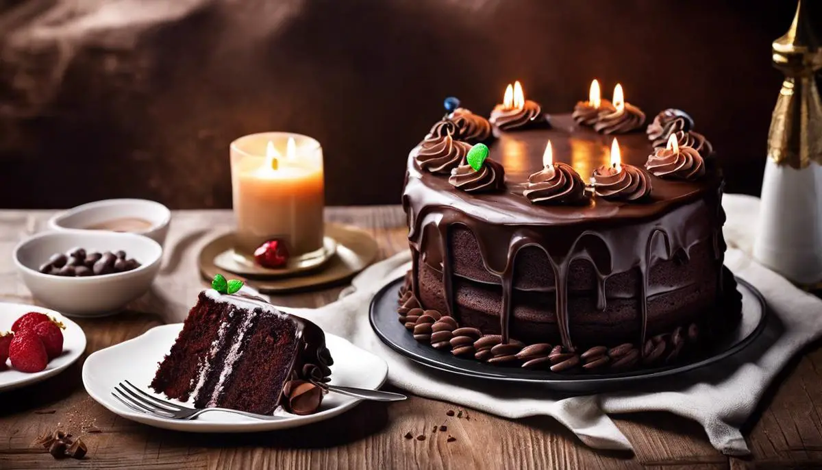 A delicious chocolate cake topped with frosting and decorations, ready to be enjoyed by everyone.