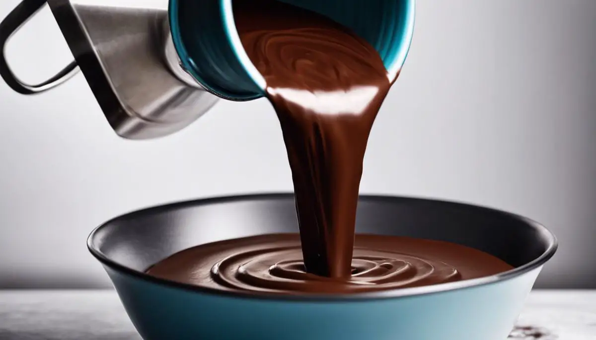 A close-up image of smooth chocolate cake batter being poured into a mixing bowl
