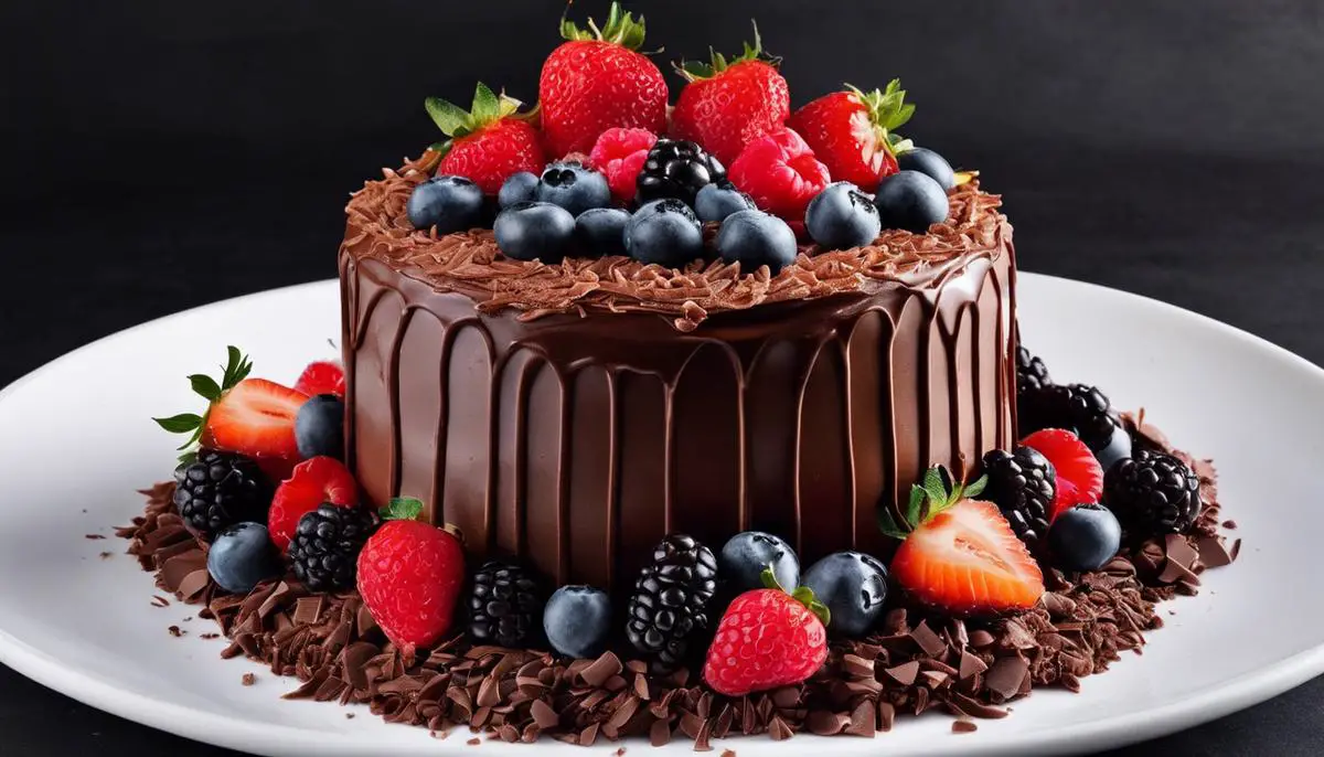 Image of a delectable chocolate cake decorated with chocolate shavings and berries