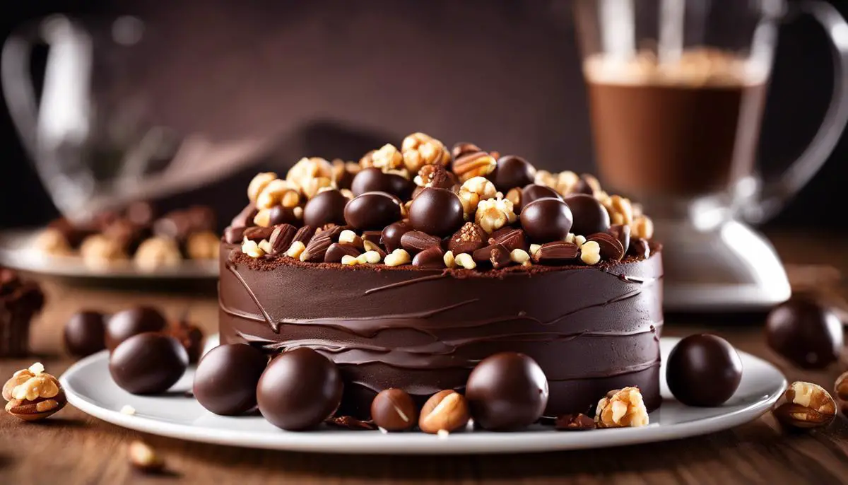 A delicious image of chocolate and hazelnuts beautifully combined to create a tempting treat