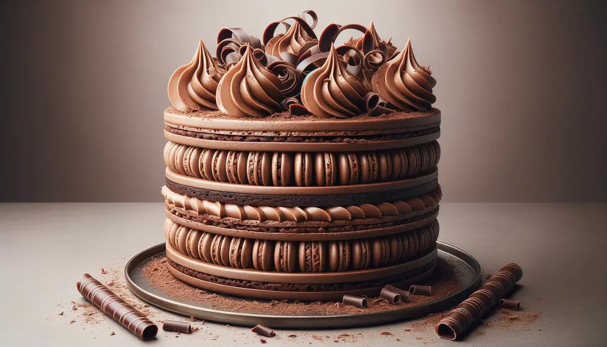 A layered chocolate macaron cake with chocolate buttercream frosting and decorated with chocolate shavings