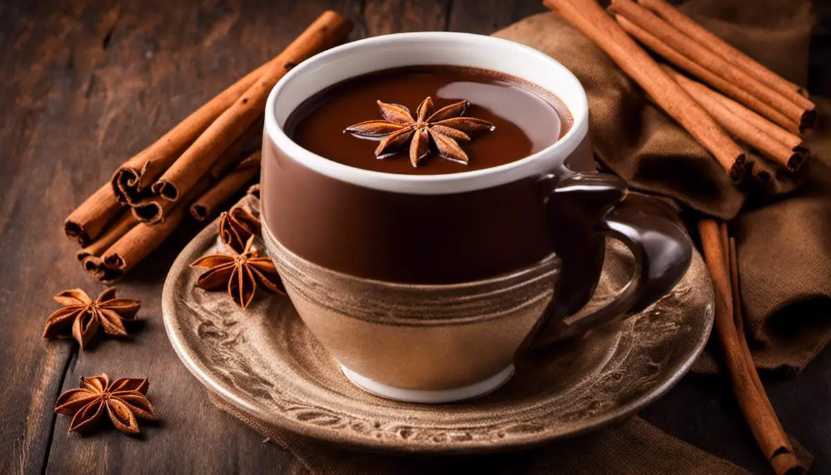 A steaming cup of champurrado, with a rich, creamy consistency, topped with a sprinkle of cinnamon and a cinnamon stick as garnish.