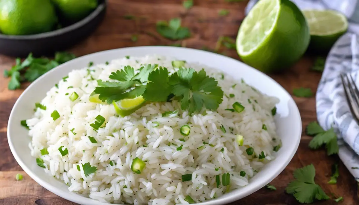 A plate of cilantro lime rice, perfectly cooked fluffy rice with flecks of vibrant green cilantro and drizzles of fresh lime juice. It is a delicious and refreshing side dish that complements any main course.
