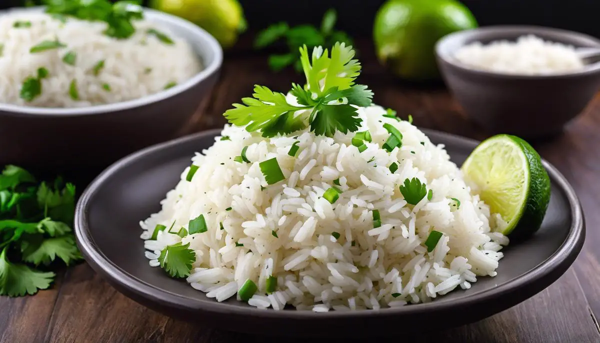 A delicious bowl of fluffy cilantro lime rice, garnished with fresh cilantro leaves and lime wedges.