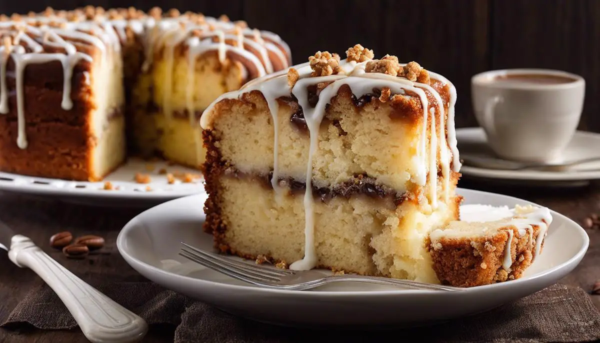 A delicious classic coffee cake topped with streusel and drizzled with a vanilla glaze.
