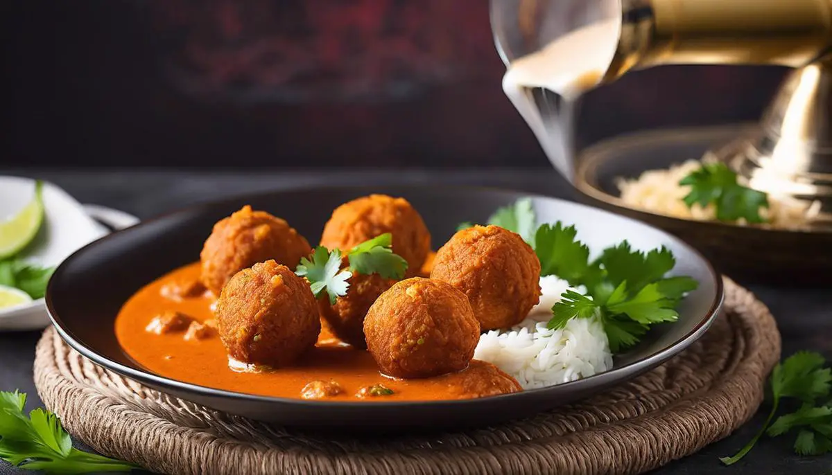 A plate of classic Malai Kofta, featuring golden brown cheese balls in a rich creamy tomato gravy, garnished with fresh cilantro leaves.