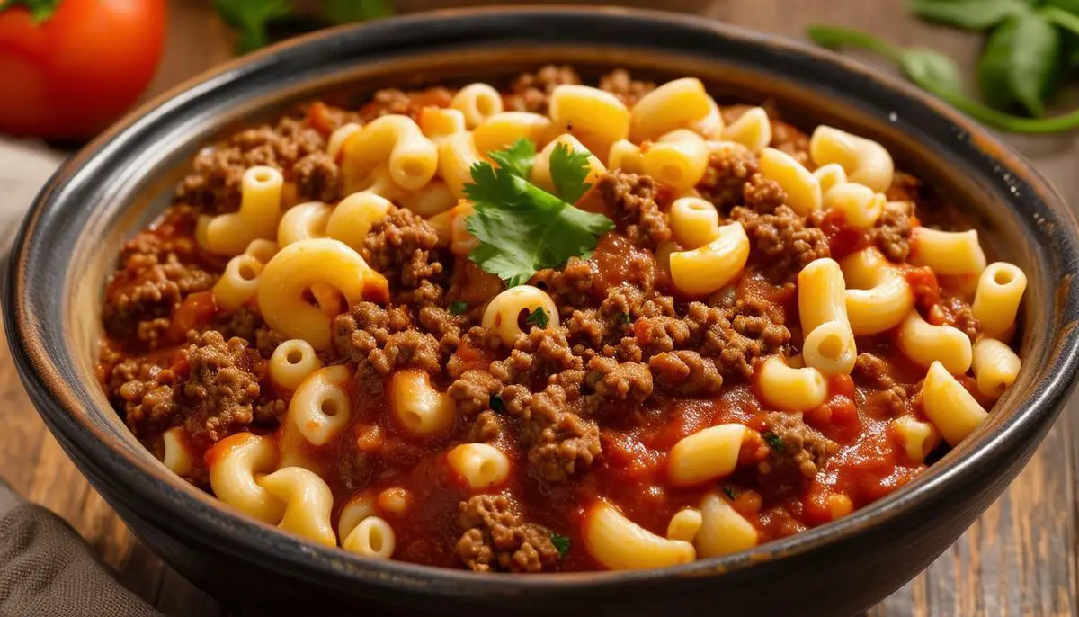 A bowl of classic slumgullion with ground beef, elbow macaroni, and tomato sauce