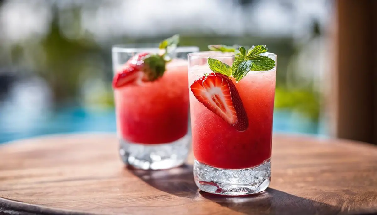 A glass filled with a vibrant, red strawberry daiquiri topped with a fresh strawberry garnish