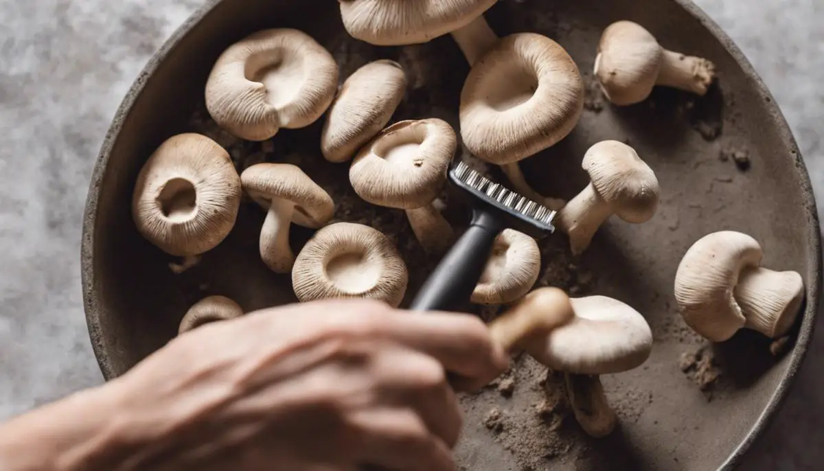 Hands gently cleaning dirt off of cremini mushrooms with a soft brush