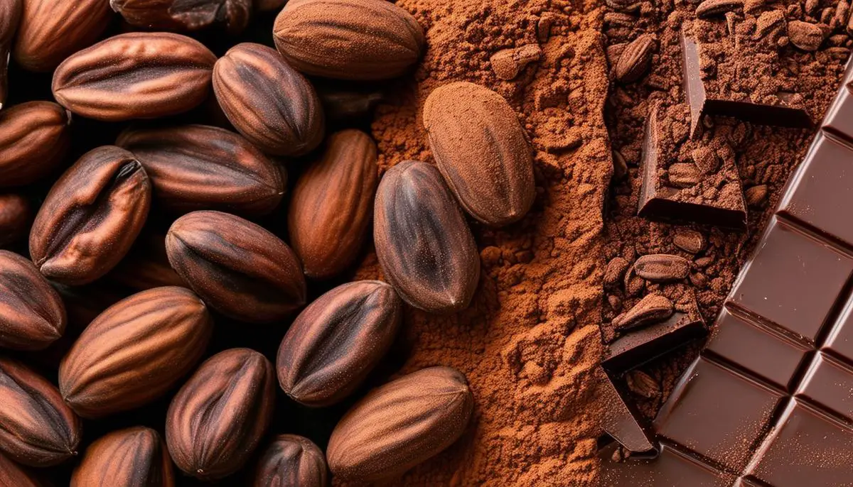 Photo showing the process of cocoa beans being transformed into chocolate bars, with cocoa beans, cocoa powder, and chocolate bars shown