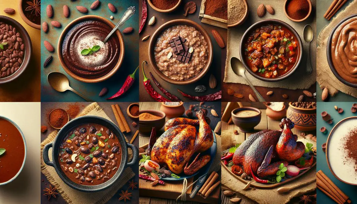Photo collage showing various sweet and savory dishes incorporating cocoa, such as chocolate oatmeal, mole sauce, and a spice rub on grilled chicken