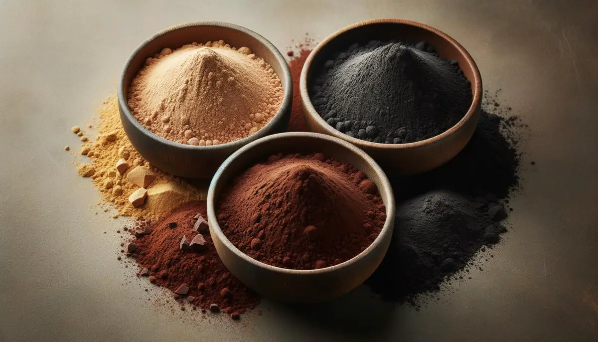 Photo showing the three main varieties of cocoa powder - natural, Dutch-processed, and black cocoa powder - in bowls side by side