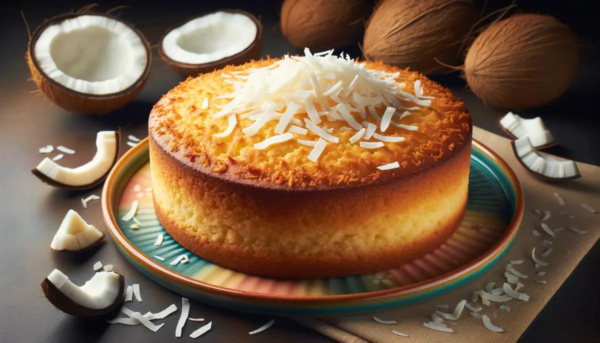 Image description: A beautifully baked coconut cake with shredded coconut on top