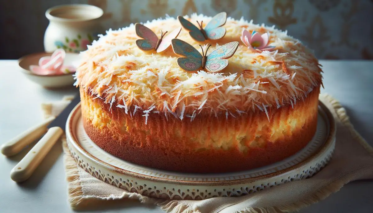 A deliciously moist coconut cake, perfectly baked and ready to be enjoyed