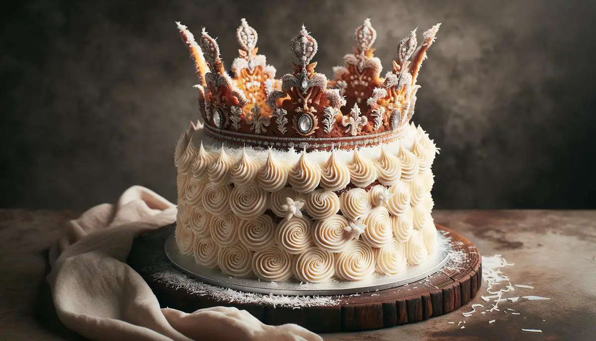 Image of a cake with coconut frosting, resembling a crown, symbolizing culinary royalty