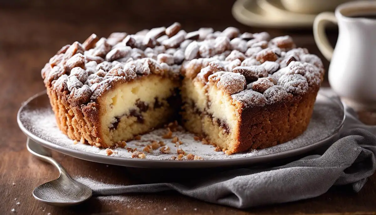 A delicious coffee cake topped with streusel and dusted with powdered sugar.
