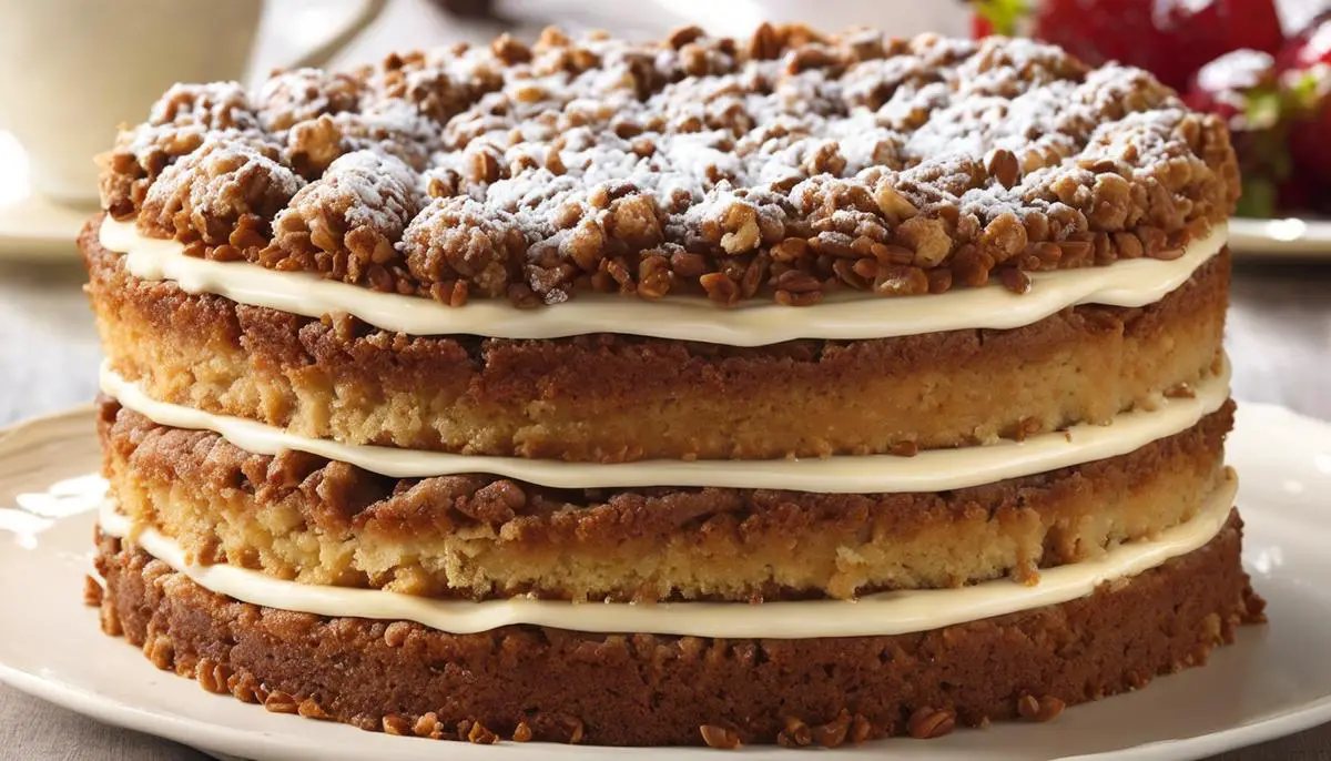 A tempting image of a coffee cake with layers of moist cake, a coffee-infused swirling layer, and a generous crumb topping on a light golden brown crust.
