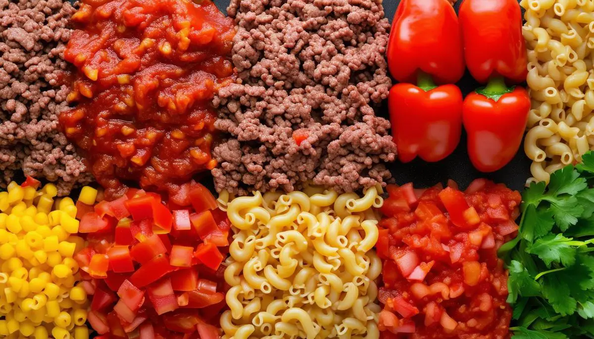 An assortment of fresh ingredients used to make slumgullion, including ground beef, diced tomatoes, bell peppers, and elbow macaroni