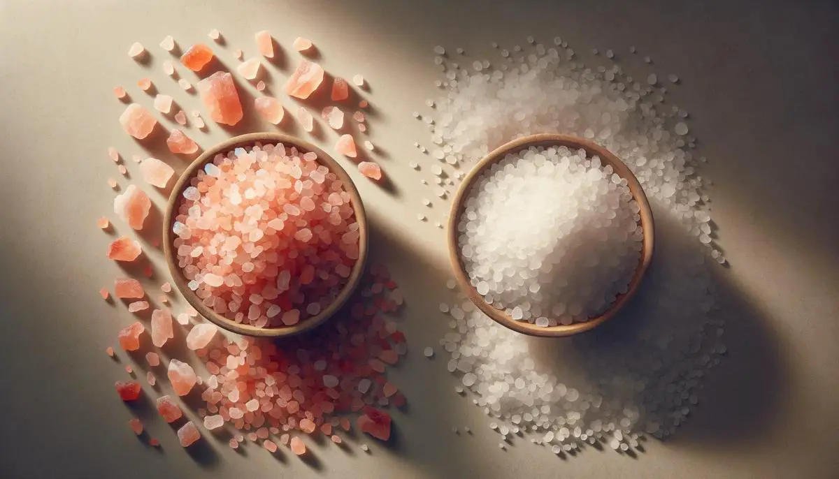 A side-by-side comparison of Himalayan pink salt and regular table salt, showing the difference in color and crystal size.