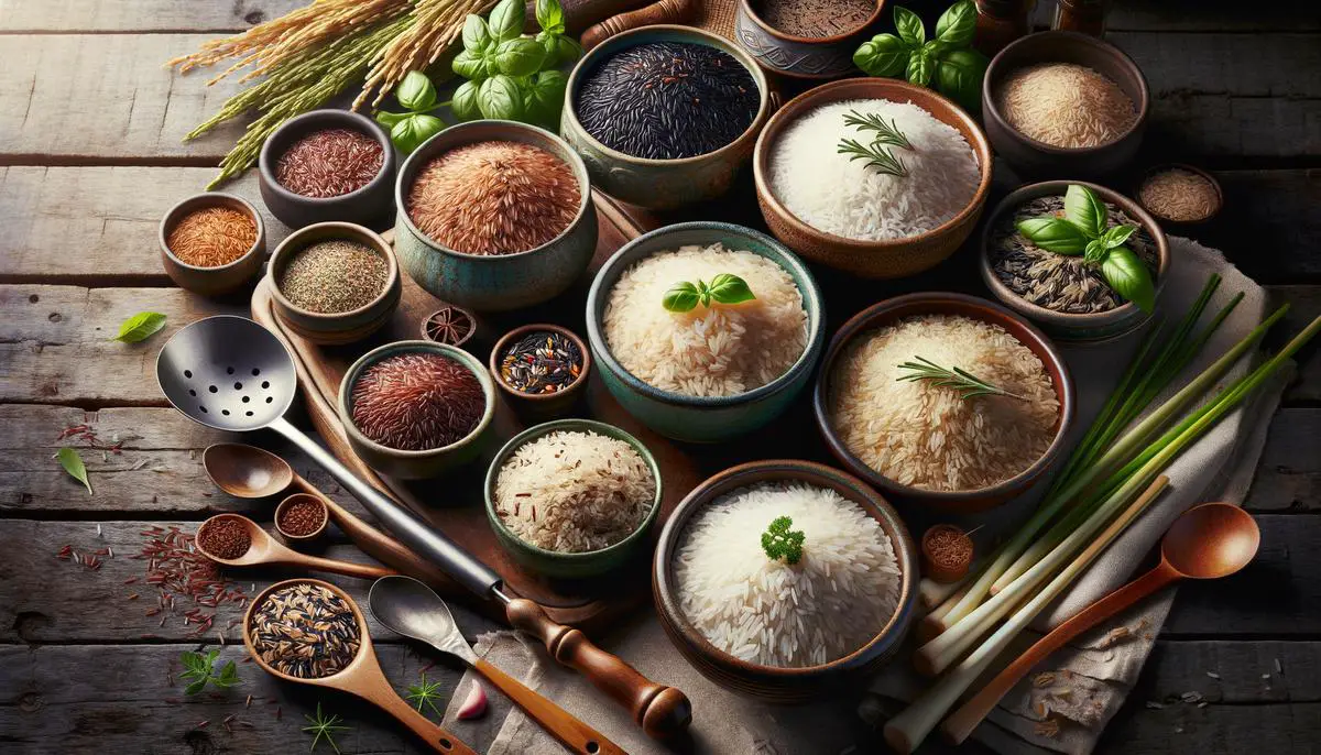 a collection of different types of rice in bowls, surrounded by kitchen utensils and fresh herbs