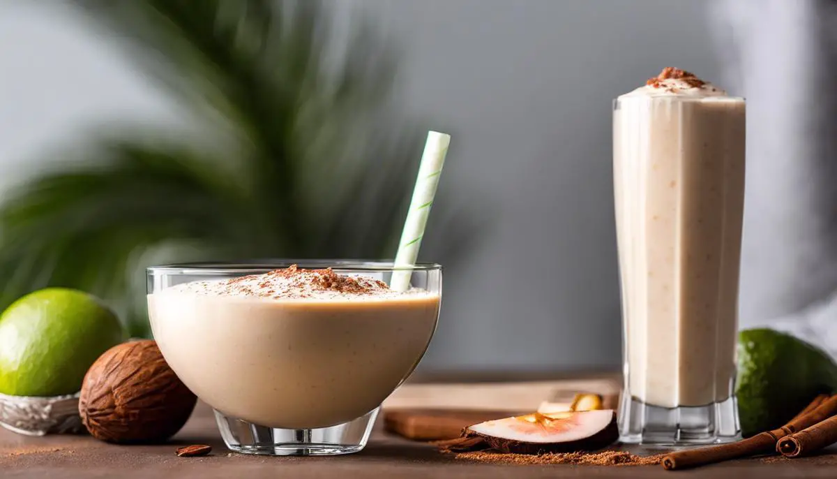 A delicious coquito being blended in a blender, with a smooth texture and creamy appearance.