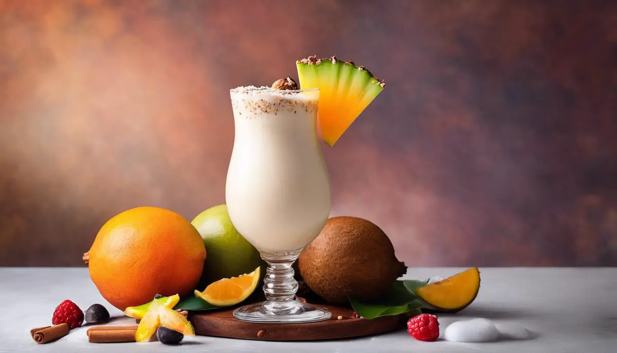 A delicious glass of coquito surrounded by tropical fruits and a festive background.