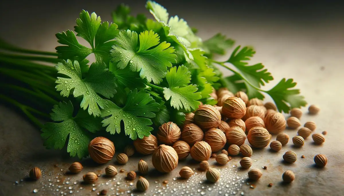 A close-up image of fresh green coriander leaves and dried coriander seeds
