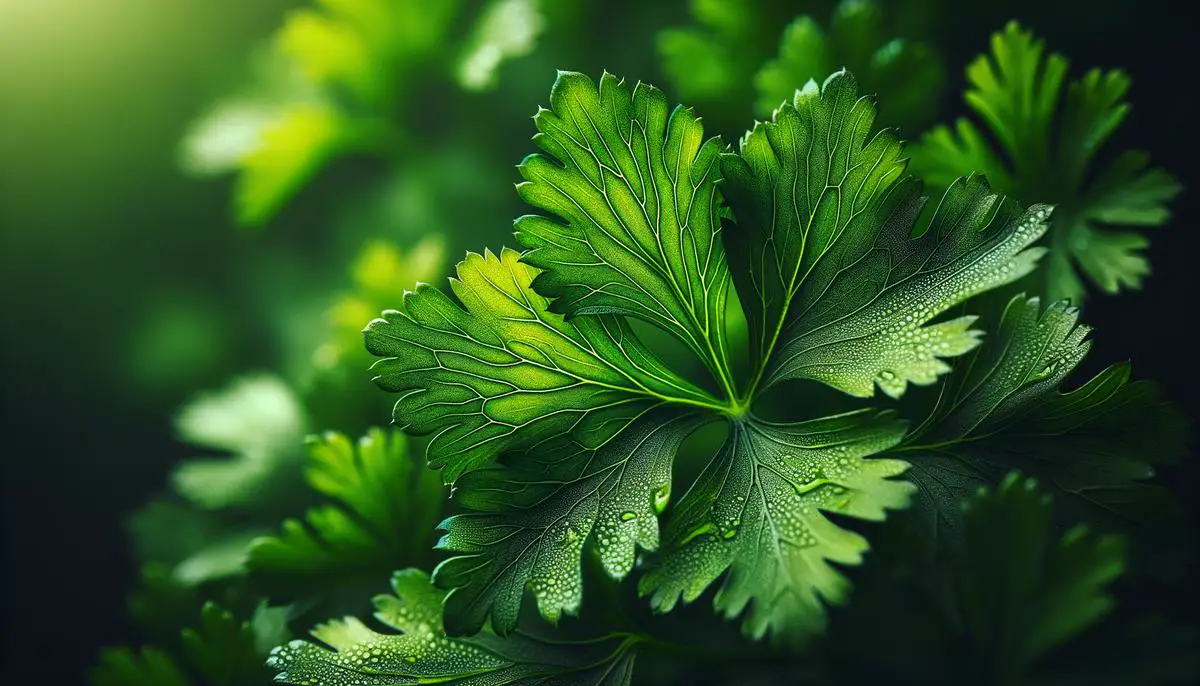 Image description: A close-up of fresh coriander leaves, highlighting its vibrant green color and freshness.