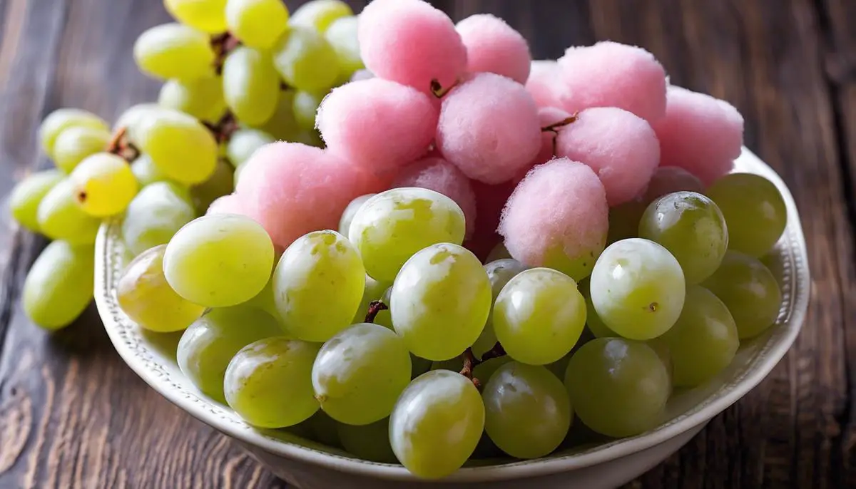 A bowl of Cotton Candy Grapes, a type of sweet grape that looks like cotton candy and provides a burst of flavor.