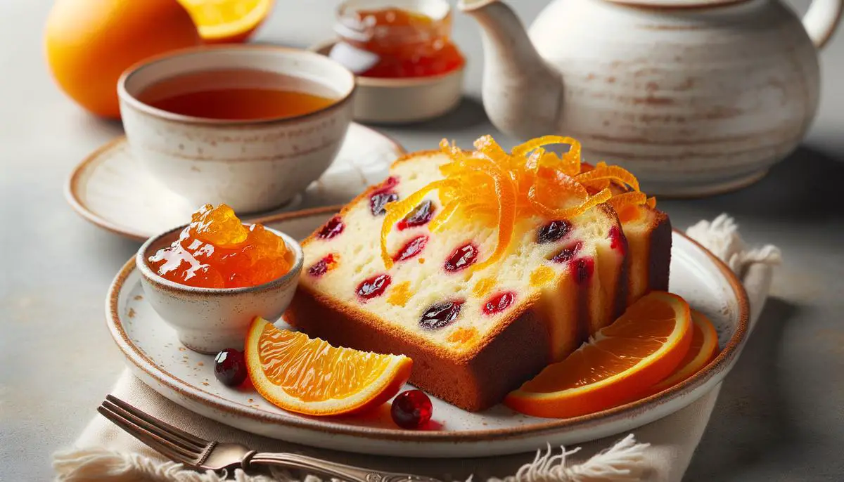 A delicious slice of cranberry orange bread served with a dollop of orange marmalade and a cup of Earl Grey tea.