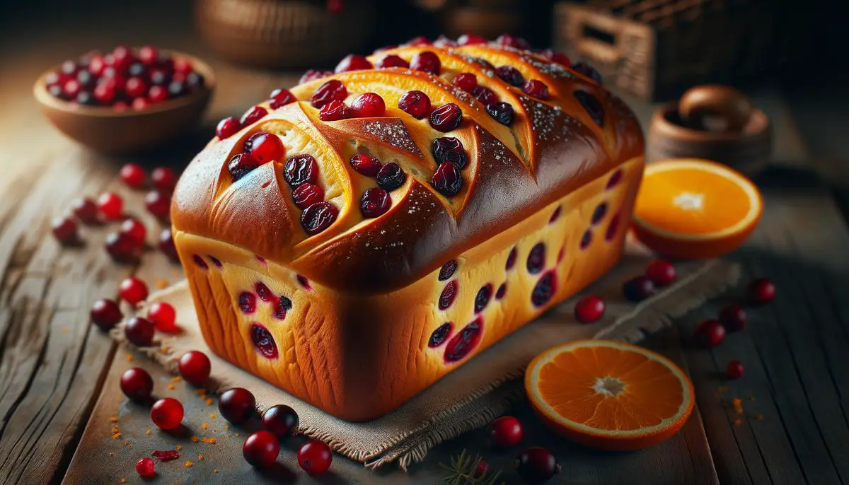 A loaf of freshly baked cranberry orange bread with a golden crust and dotted with cranberries inside