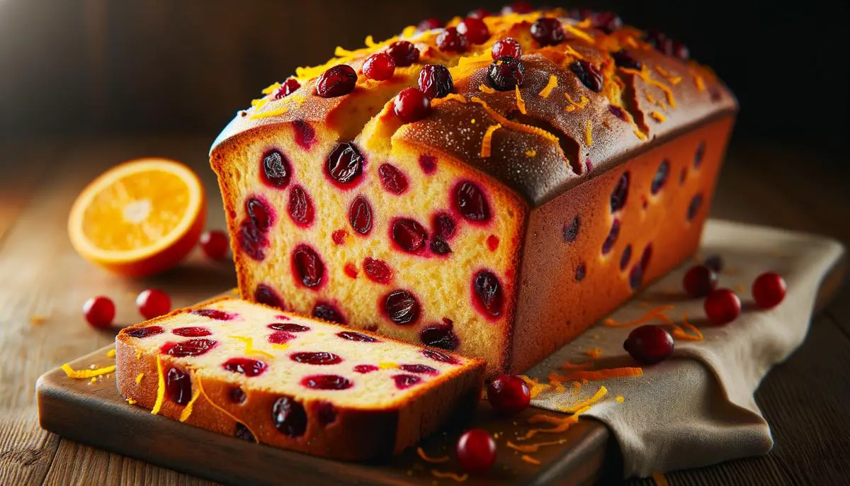 A loaf of cranberry orange bread topped with fresh cranberries and orange zest