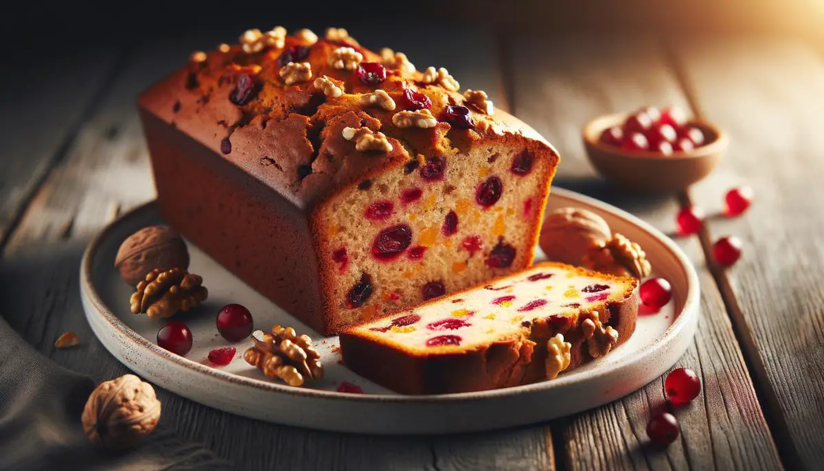A delicious slice of cranberry orange bread with walnuts on a plate