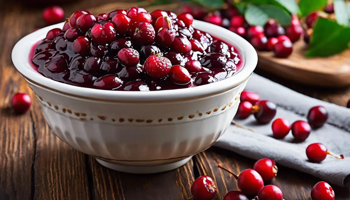 A bowl of freshly made cranberry sauce with vibrant red cranberries.