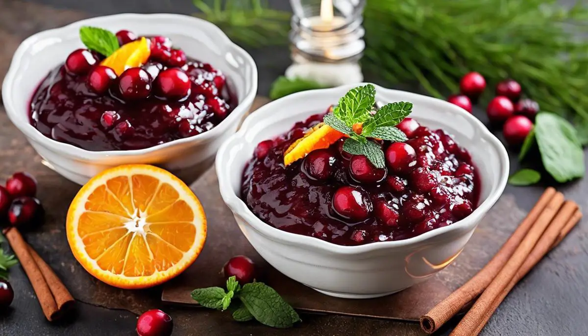 A bowl of homemade cranberry sauce with a garnish of orange zest, cinnamon, and mint sprig