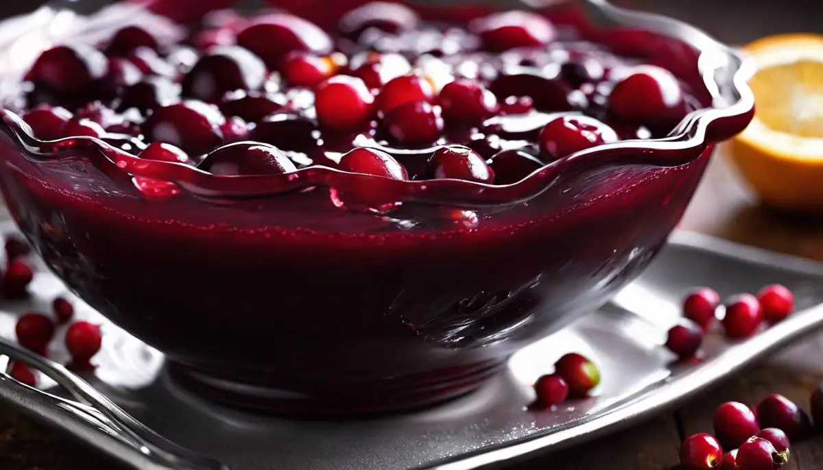 A vibrant red cranberry sauce in a bowl, ready to be served.