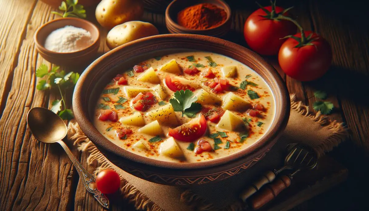 A bowl of creamy caldo de queso soup with potatoes, tomatoes, and herbs