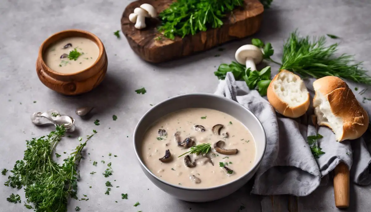 A bowl of creamy cremini mushroom soup garnished with fresh herbs