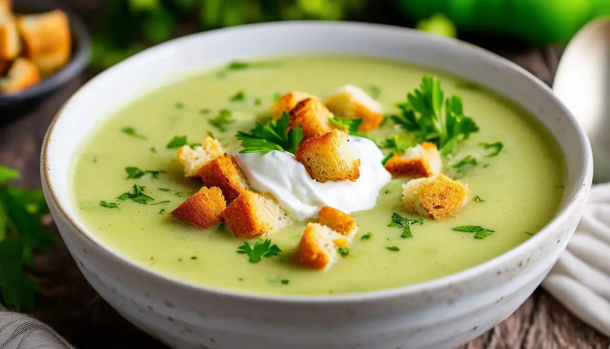 A bowl of creamy green bell pepper soup, garnished with croutons, a dollop of sour cream, and fresh parsley.