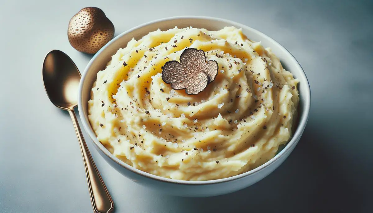 Creamy mashed potatoes seasoned with truffle salt, served in a white bowl