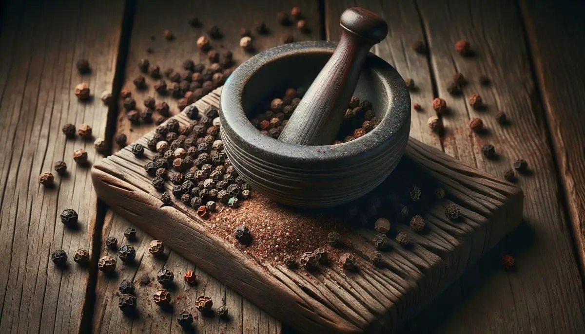 Crushed peppercorns on a wooden cutting board with a mortar and pestle