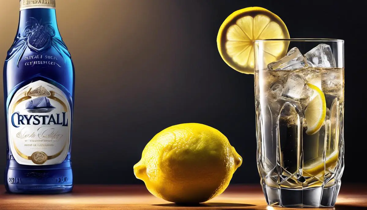A vibrant glass of Crystal Light beverage with ice cubes and lemon garnish