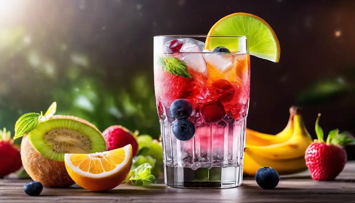 Image depicting a glass of Crystal Light with fruits and ice cubes for a refreshing drink on a hot day