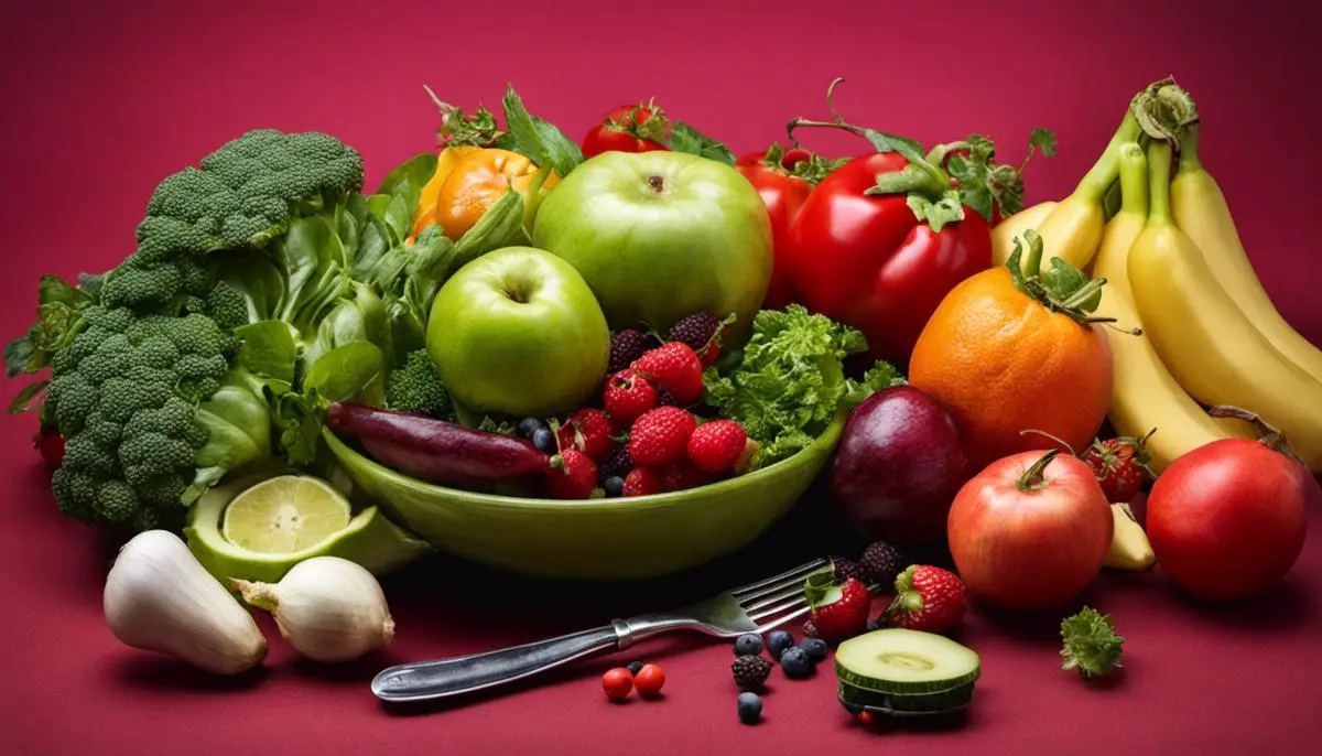 Image depicting a variety of fruits and vegetables on a colorful plate