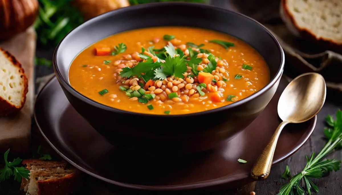 A delicious bowl of red lentil soup with various toppings