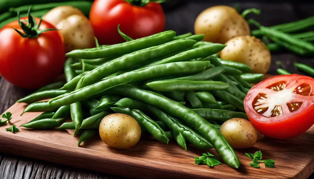 Image of green beans, tomatoes, and potatoes on a wooden cutting board.