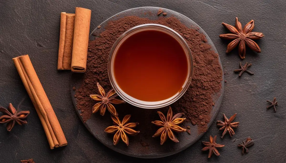 A cup of customized cacao tea with cinnamon sticks and star anise
