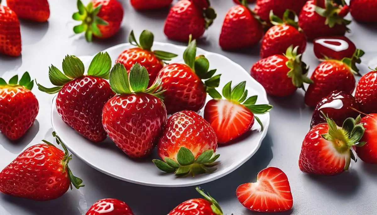 Picture of Danish strawberries on a plate with a drizzle of syrup, showing their vibrant red color and freshness.